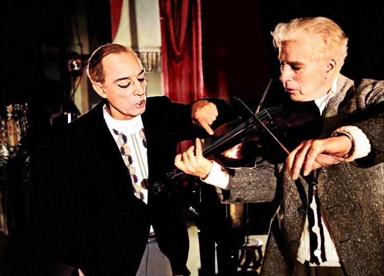 chaplin with buster keaton in a photo from the limelight set